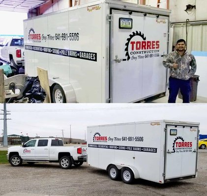 Torres Construction truck and enclosed job trailer, lettered with services and phone number